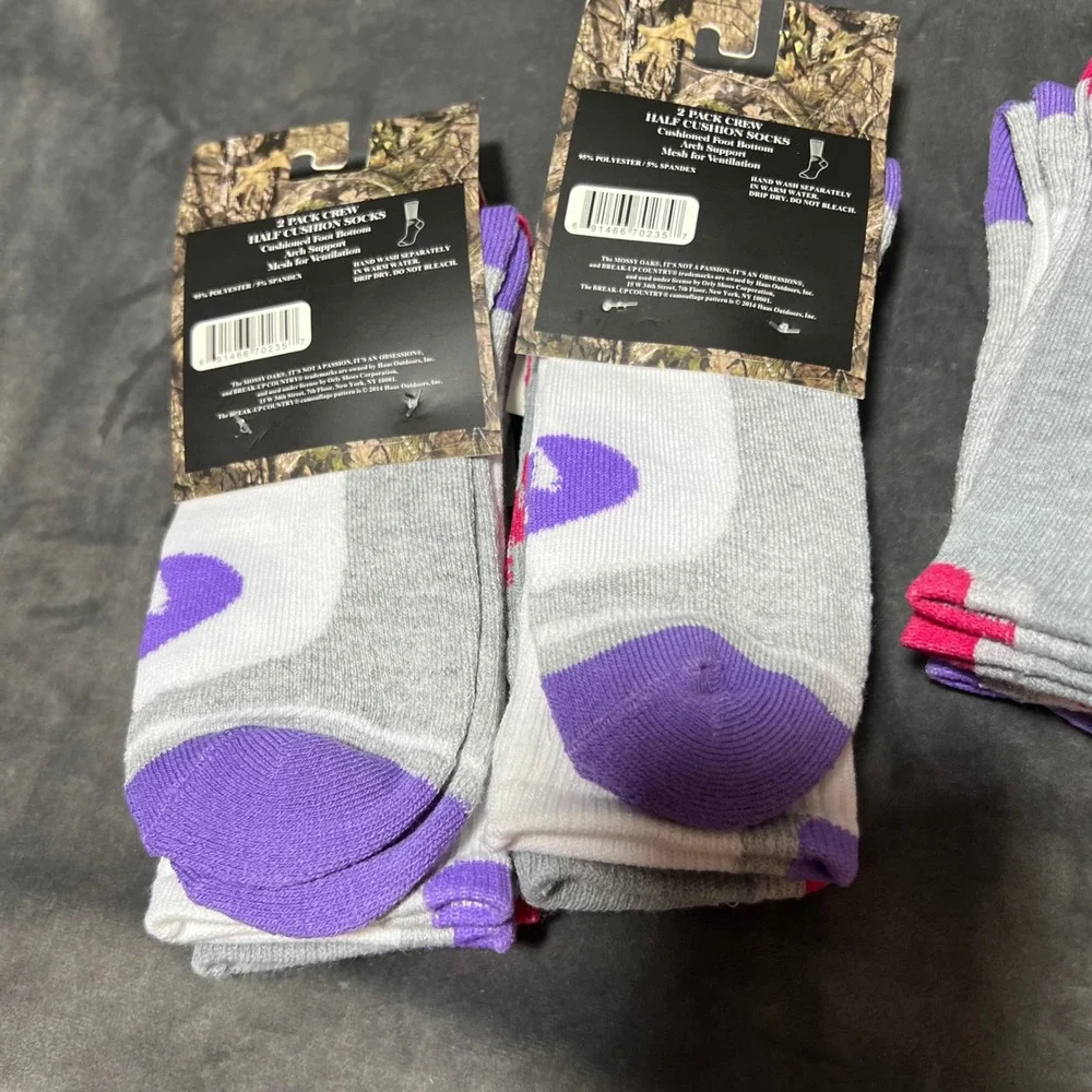 Mossy Oak Ladies Crew Half Cushion Socks 6 Pairs Grey White Pink Purple 4-10